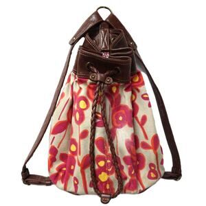 Axcess Liz Claiborne Pink Floral Brown Leather Drawstring Backpack Purse